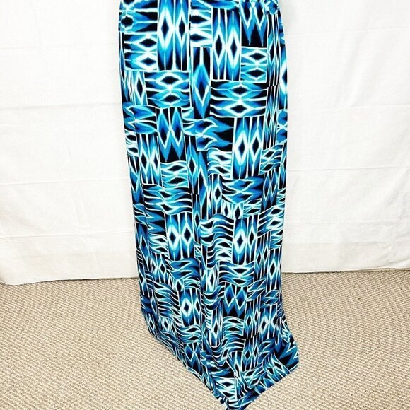 Calvin Klein Blue Print Modern Deco Maxi Dress Cinch Waist Jersey Sz 6 - Picture 7 of 8
